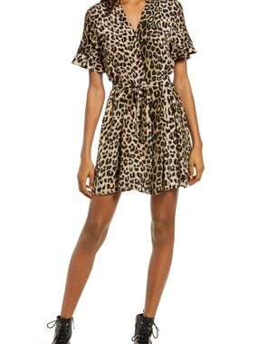 AllSaints Leopard Print Tie-Waist Mini Dress - Beige & Black Size 10
